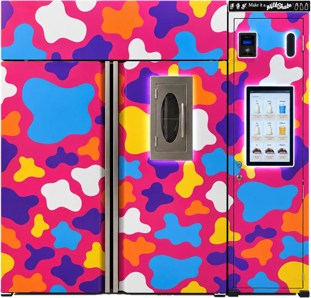 A Vendotech combined milk and milkshake vending machine in a bright multicoloured cow-spot wrap, with a touchscreen, payment reader and fill-your-bottle hatch