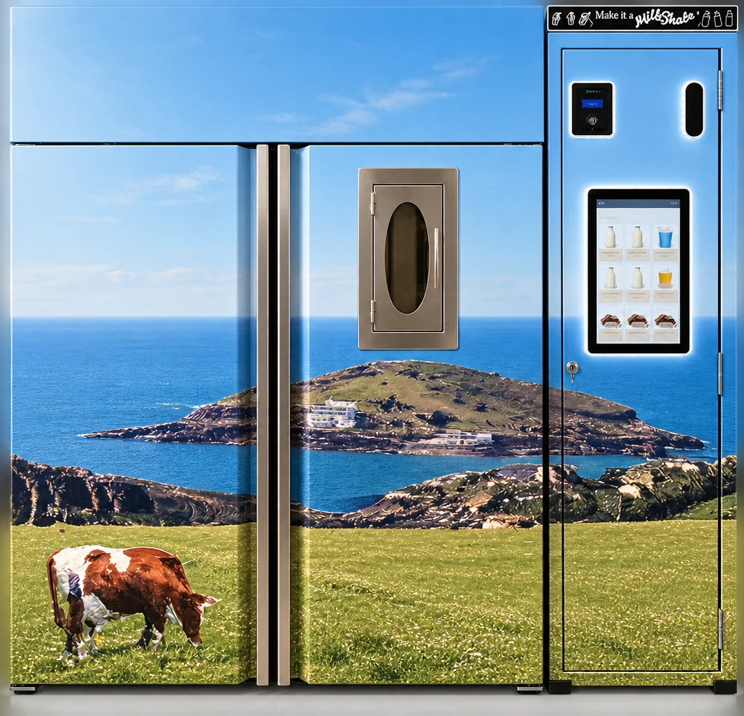 Vending machine wrapped in a coastal landscape photo with a grazing cow